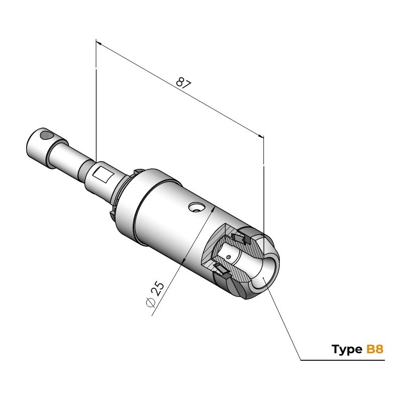 Spindle Ø25 type B8 short technical drawing