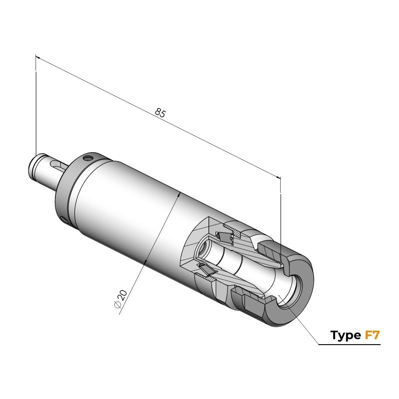 Spindle Ø20 type F7 technical drawing