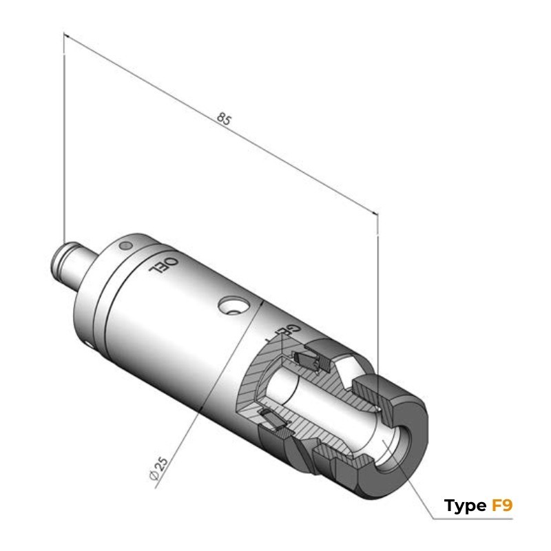 Spindle Ø25 type F9 technical drawing