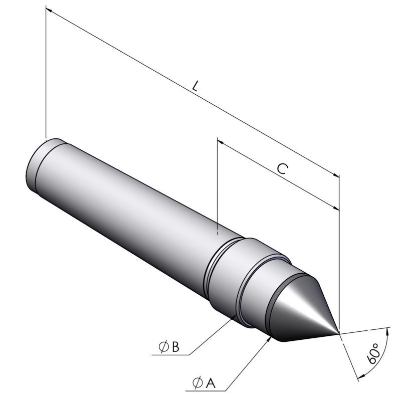 Dessin technique pointe fixe type DIN 807 monobloc en carbure avec filetage d'extraction