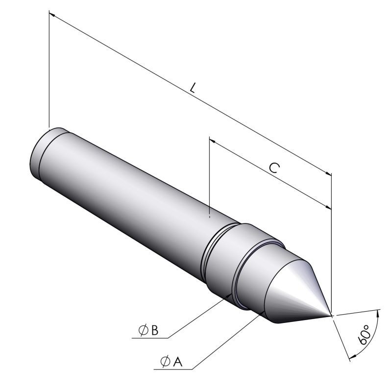 Dessin technique Pointe fixe type DIN 807 monobloc avec filetage d'extraction