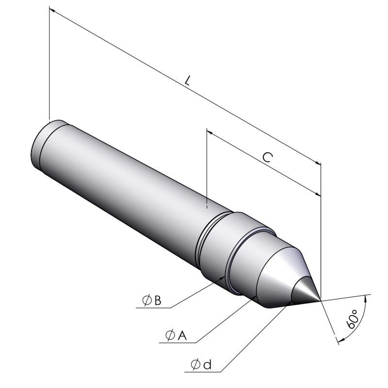 Dead center DIN 807 full carbide tip with thread technical drawing